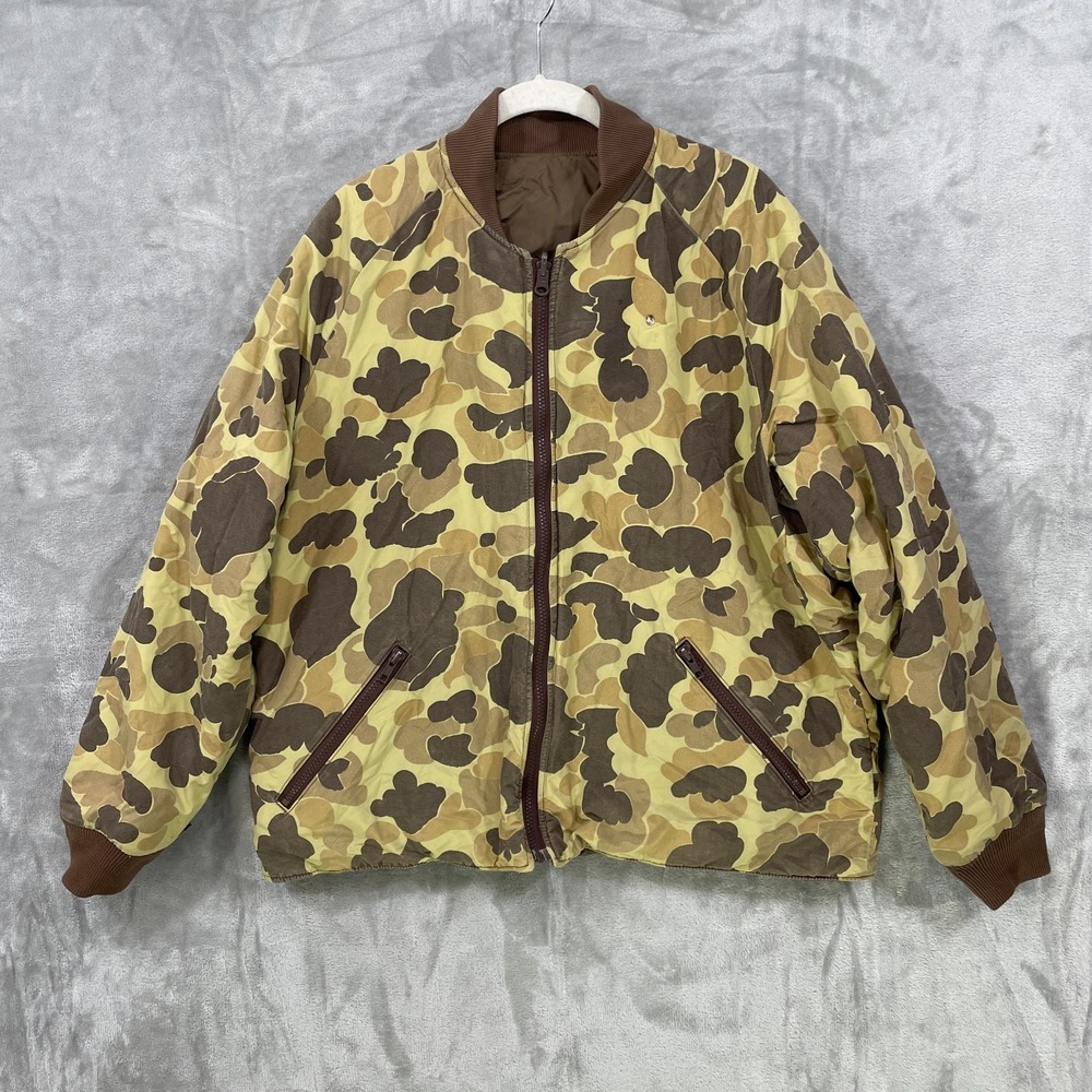 Vintage Cabelas Jacket Size L Duck Camo Reversible Nylon Bomber Hunting Flaw!